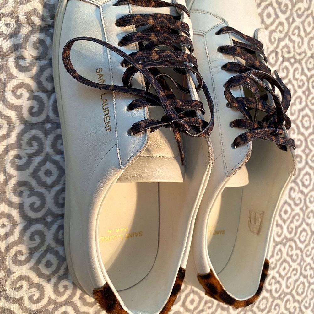 Saint Laurent White Leather Sneakers with Leopard Accents